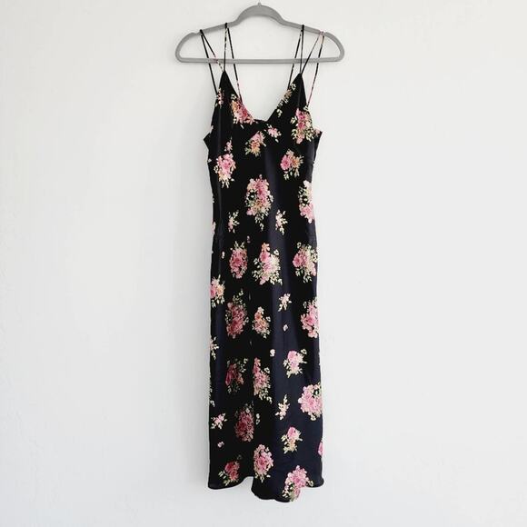Zara Black Floral Satin Effect Midi / Maxi Slip Dress Spaghetti Straps Large - Picture 8 of 11